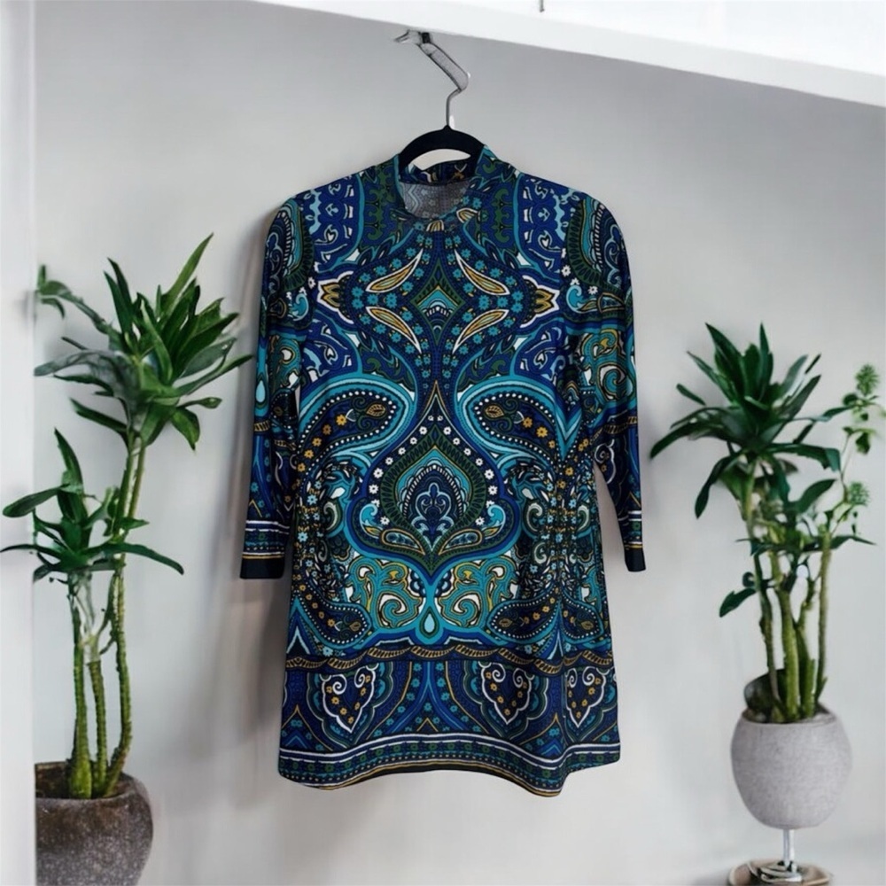 Melissa Paige Blue Paisley Print Sheath Dress 3/4 Sleeve Mock Neck size S